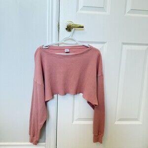 TNA Aritzia Waffl3e Knit OVERSIZED Cropped Long Sleeve Top Pastel Pink Size M